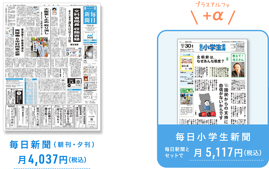 毎日新聞（朝刊・夕刊）月4,037円（税込）